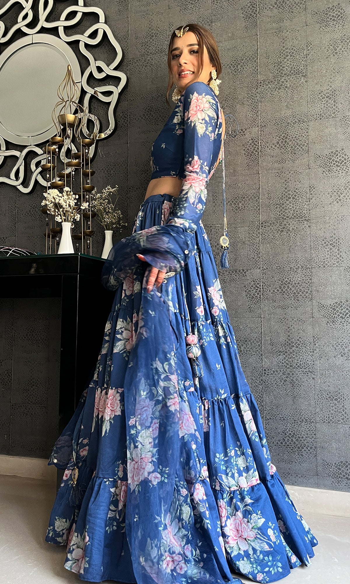 Sukhmani Gambhir in Falak Blue Floral print Gathered Lehenga with floral blouse and Dupatta- Set of 3