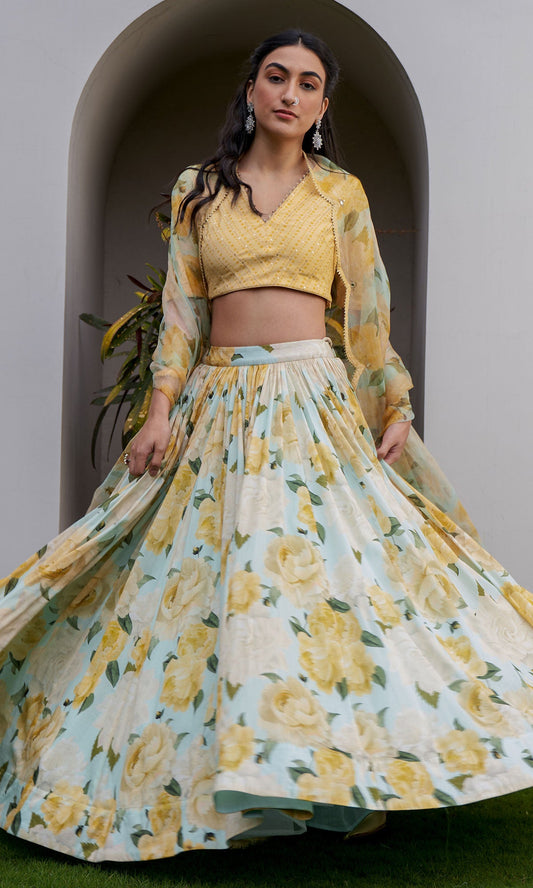 AZRA AQUA FLORAL PRINTED LEHENGA SET - SET OF 3