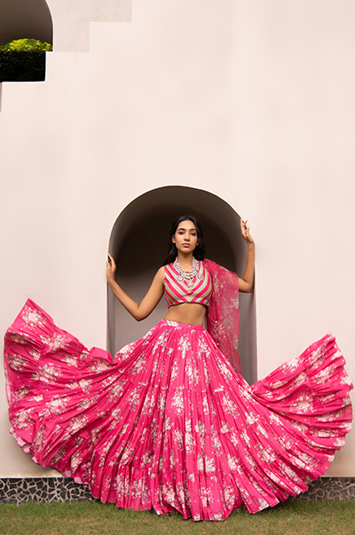Amitha Sharma in Falak Rani Pink Floral print Gathered Lehenga with stripe blouse and Dupatta- Set of 3