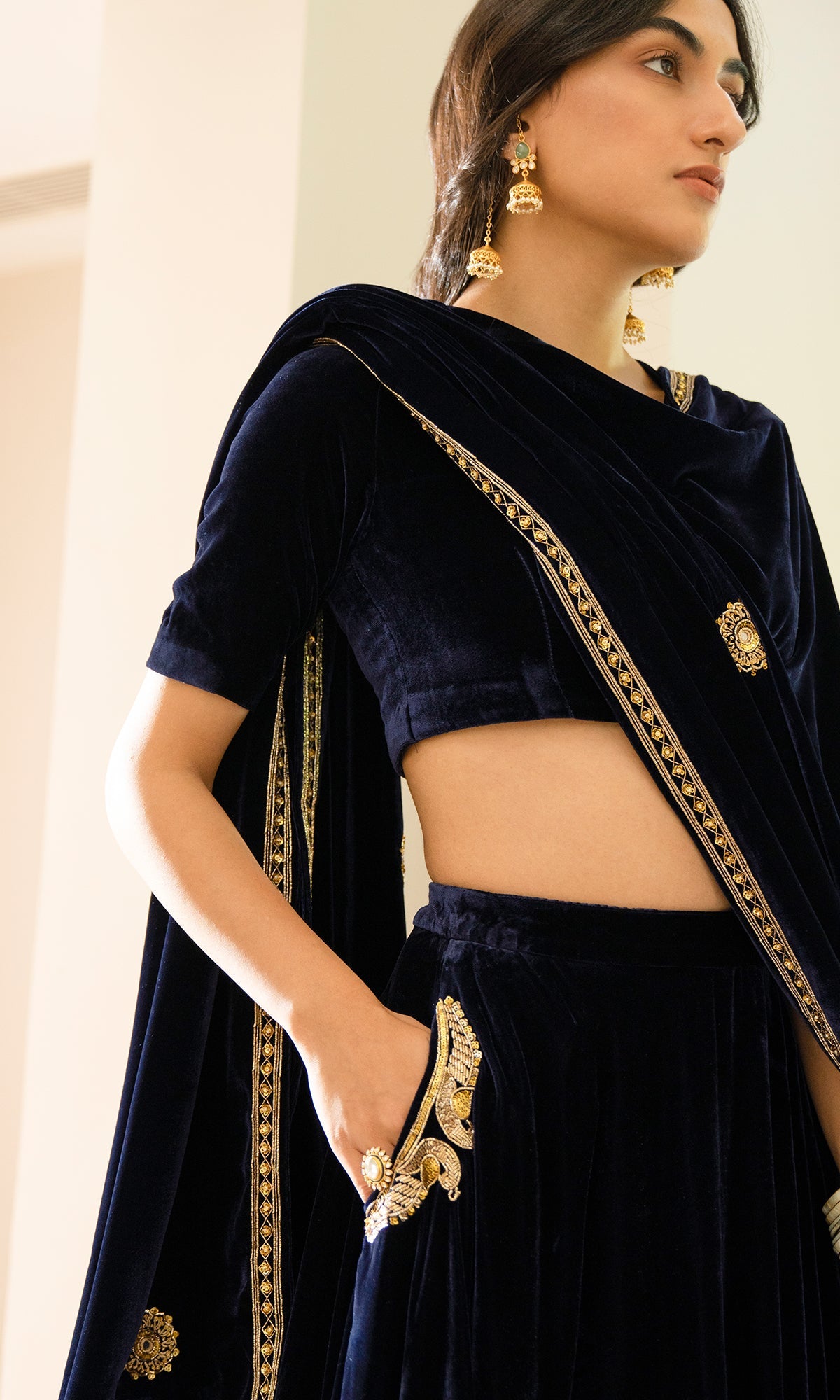 Bareen Embroidered - Royal Blue velvet Lehanga With Blouse - Set of 2
