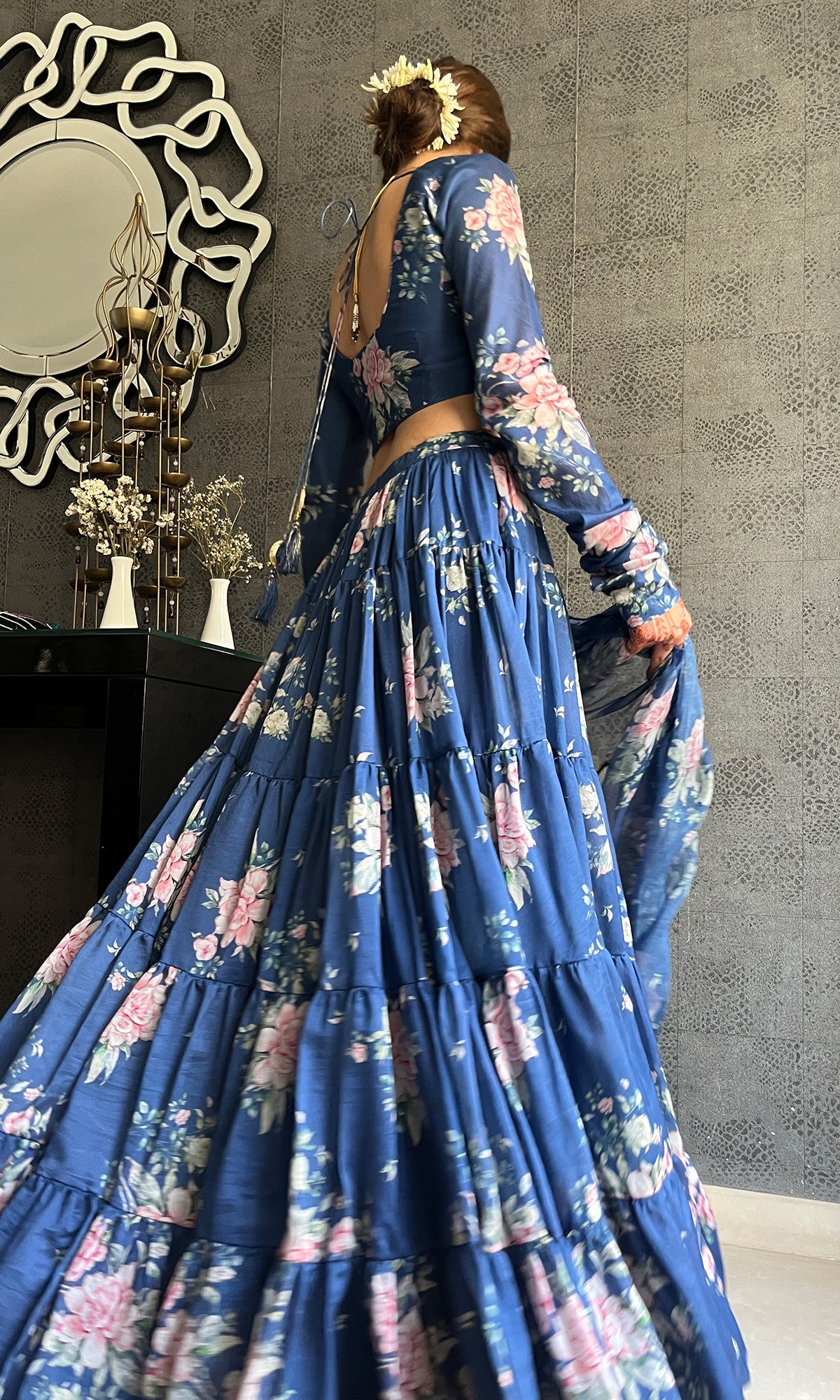 Sukhmani Gambhir in Falak Blue Floral print Gathered Lehenga with floral blouse and Dupatta- Set of 3