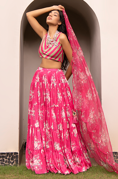 Amitha Sharma in Falak Rani Pink Floral print Gathered Lehenga with stripe blouse and Dupatta- Set of 3