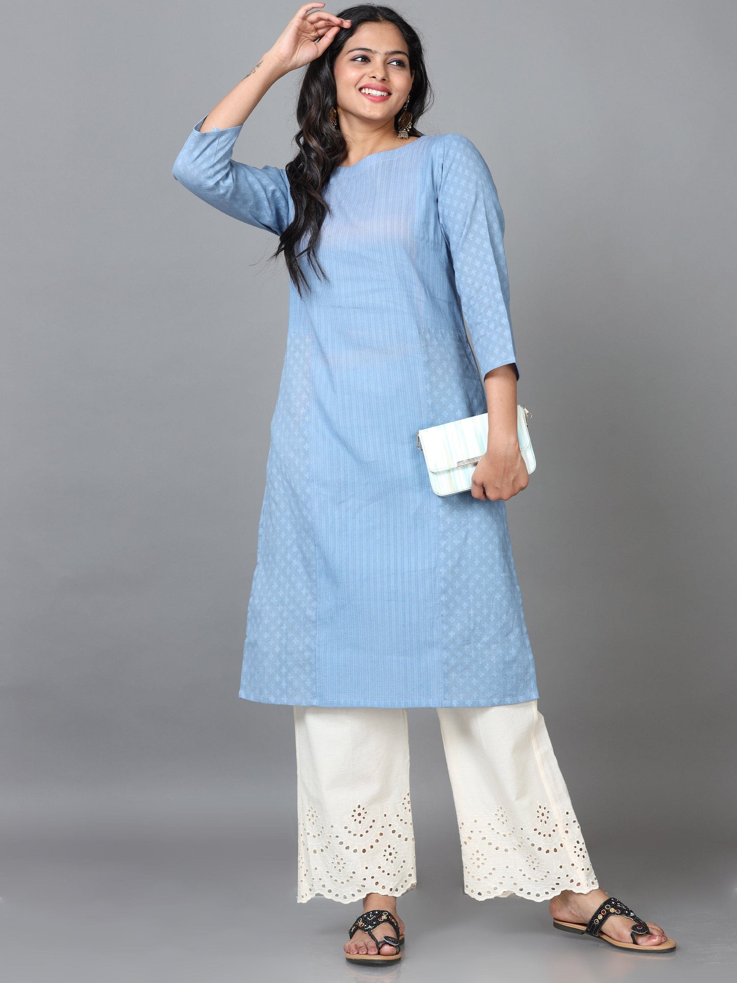 Light Blue 3/4 Sleeve Cotton Solid Straight calf-long Kurta Set