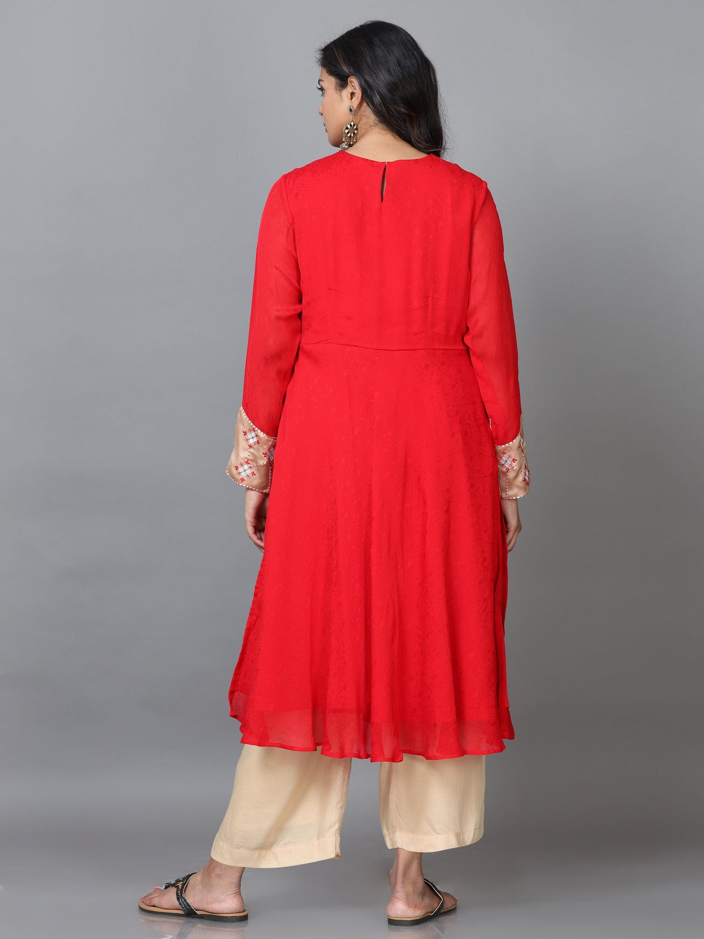 Red Full Sleeve Chiffon Solid A-Line calf-long Kurta Set