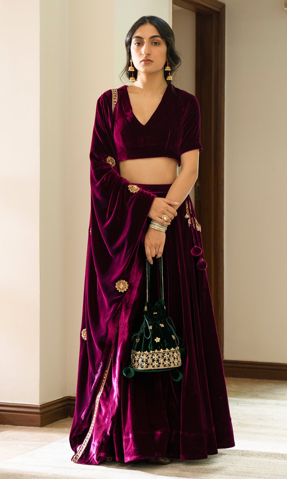 Bareen Embroidered - Deep Orchid velvet Lehenga With Blouse - Set of 2