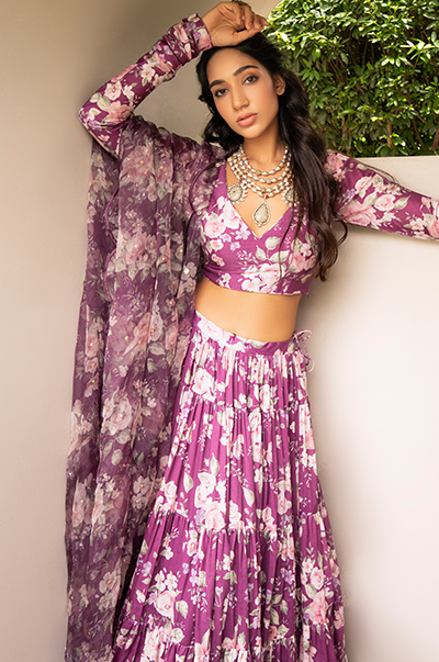Aamna Sharif in Falak Purple Floral print Gathered Lehenga with floral blouse and Dupatta- Set of 3