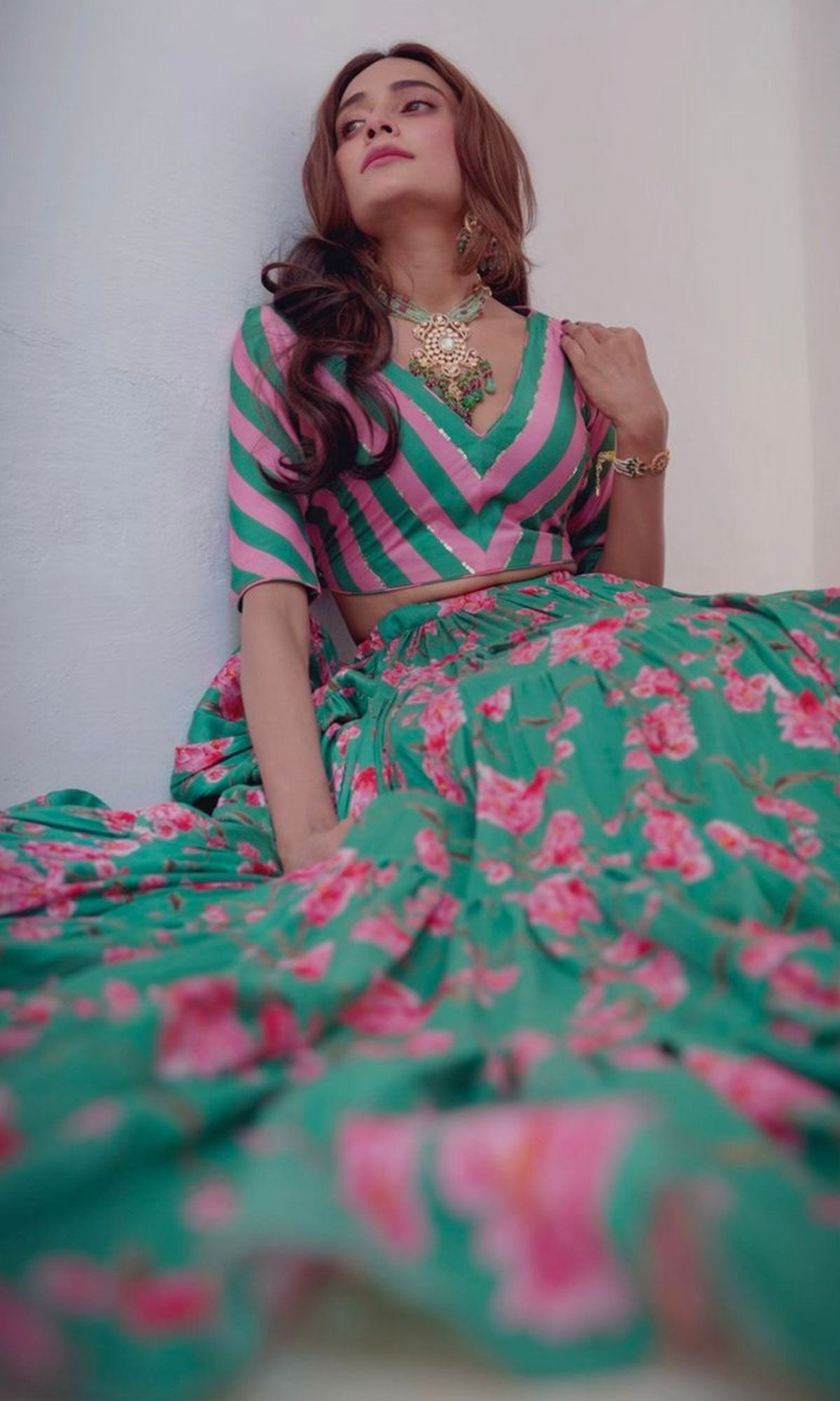 Tina Rathore in Falak Green Floral print Gathered Lehenga with stripe blouse and Dupatta- Set of 3