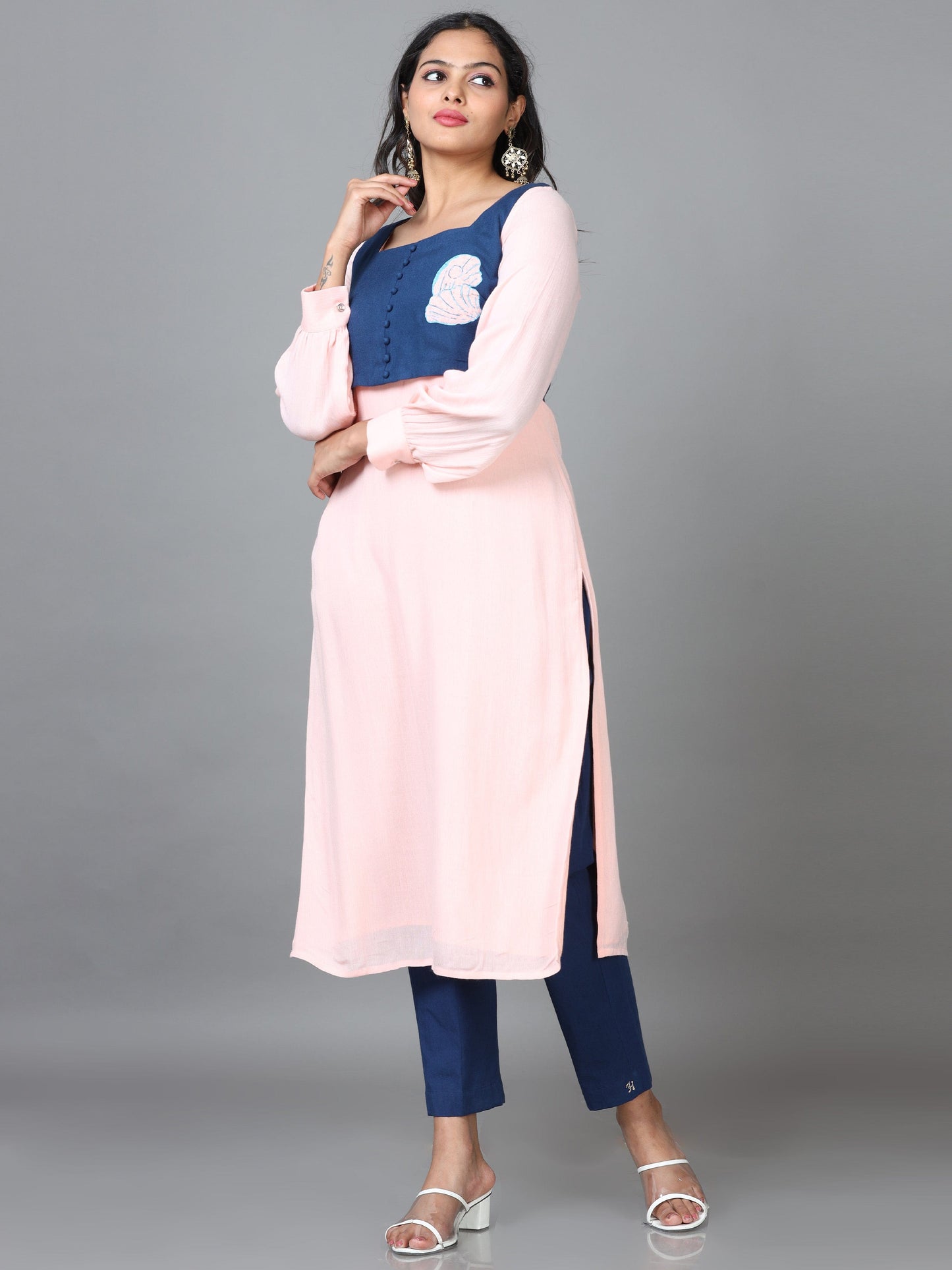 Peach Full Sleeve Cotton Solid Straight calf-long Kurta Set