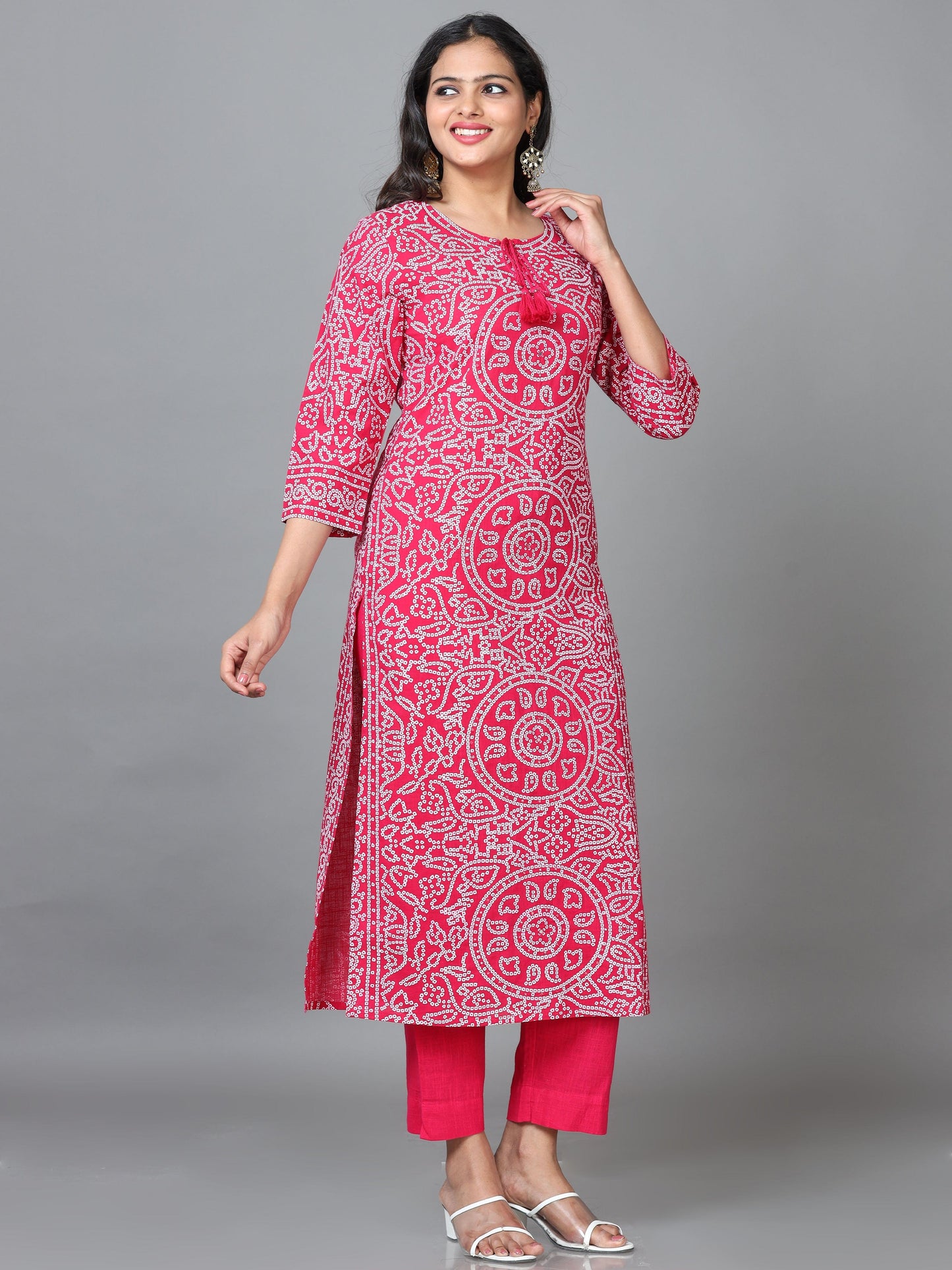 Pink 3/4 Sleeve Cotton Printed Straight calf-long Kurta Set