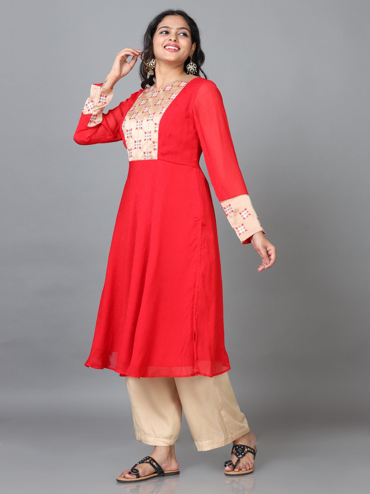 Red Full Sleeve Chiffon Solid A-Line calf-long Kurta Set