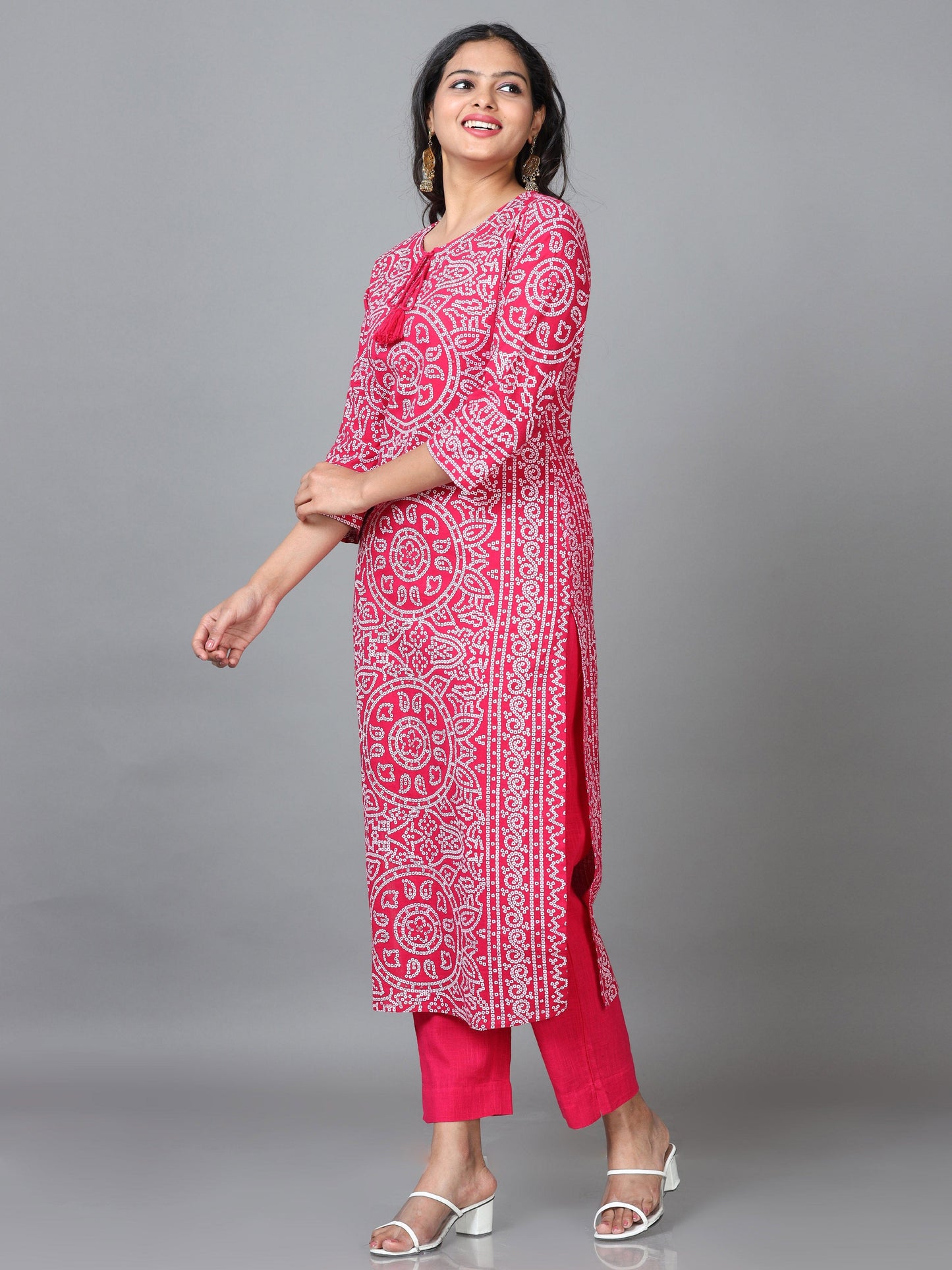 Pink 3/4 Sleeve Cotton Printed Straight calf-long Kurta Set
