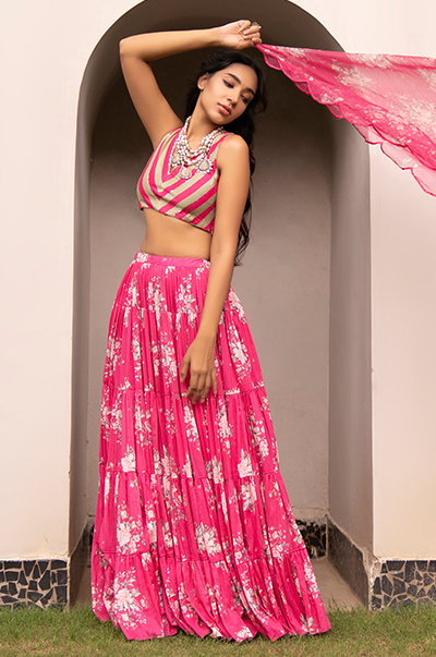 Amitha Sharma in Falak Rani Pink Floral print Gathered Lehenga with stripe blouse and Dupatta- Set of 3