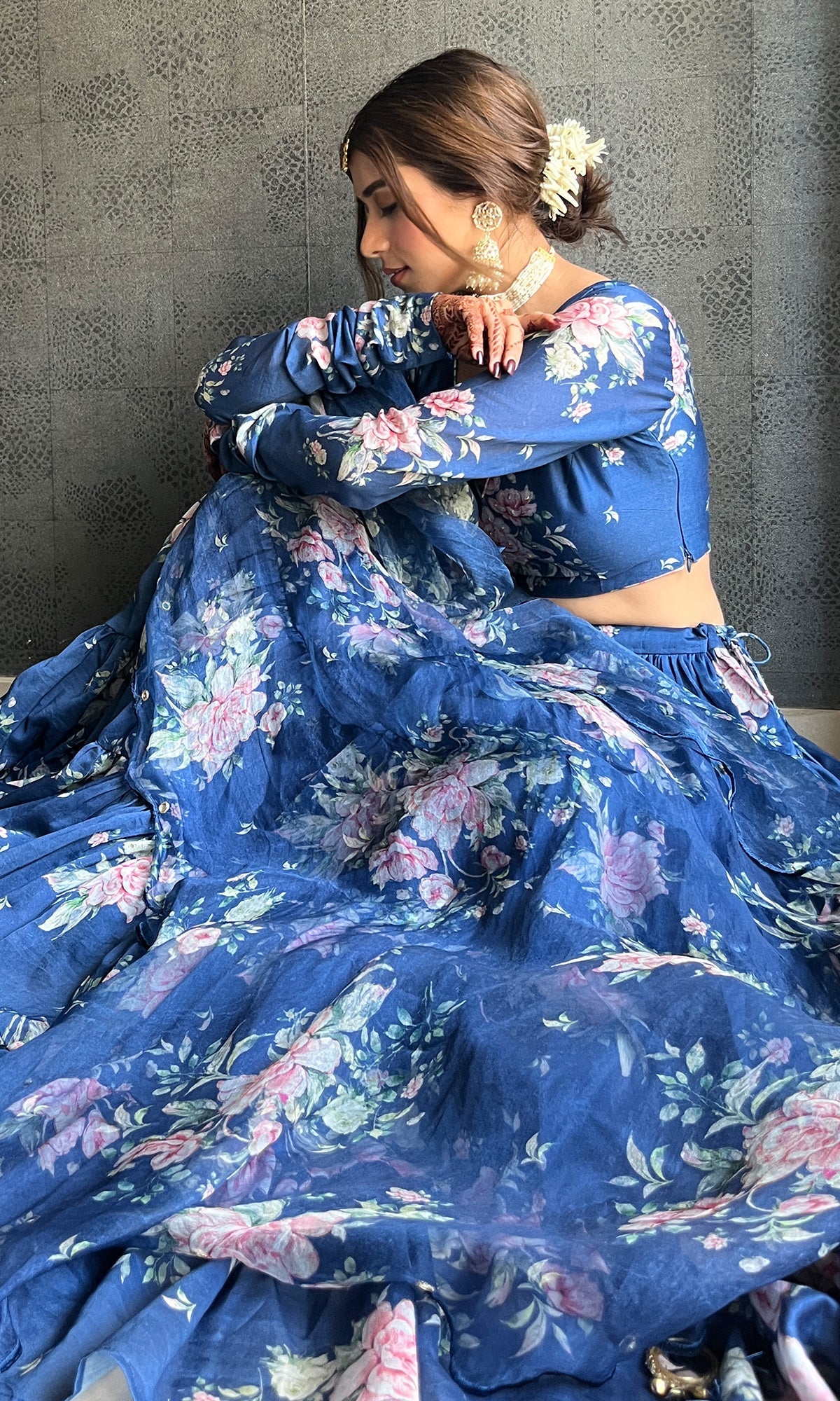 Sukhmani Gambhir in Falak Blue Floral print Gathered Lehenga with floral blouse and Dupatta- Set of 3
