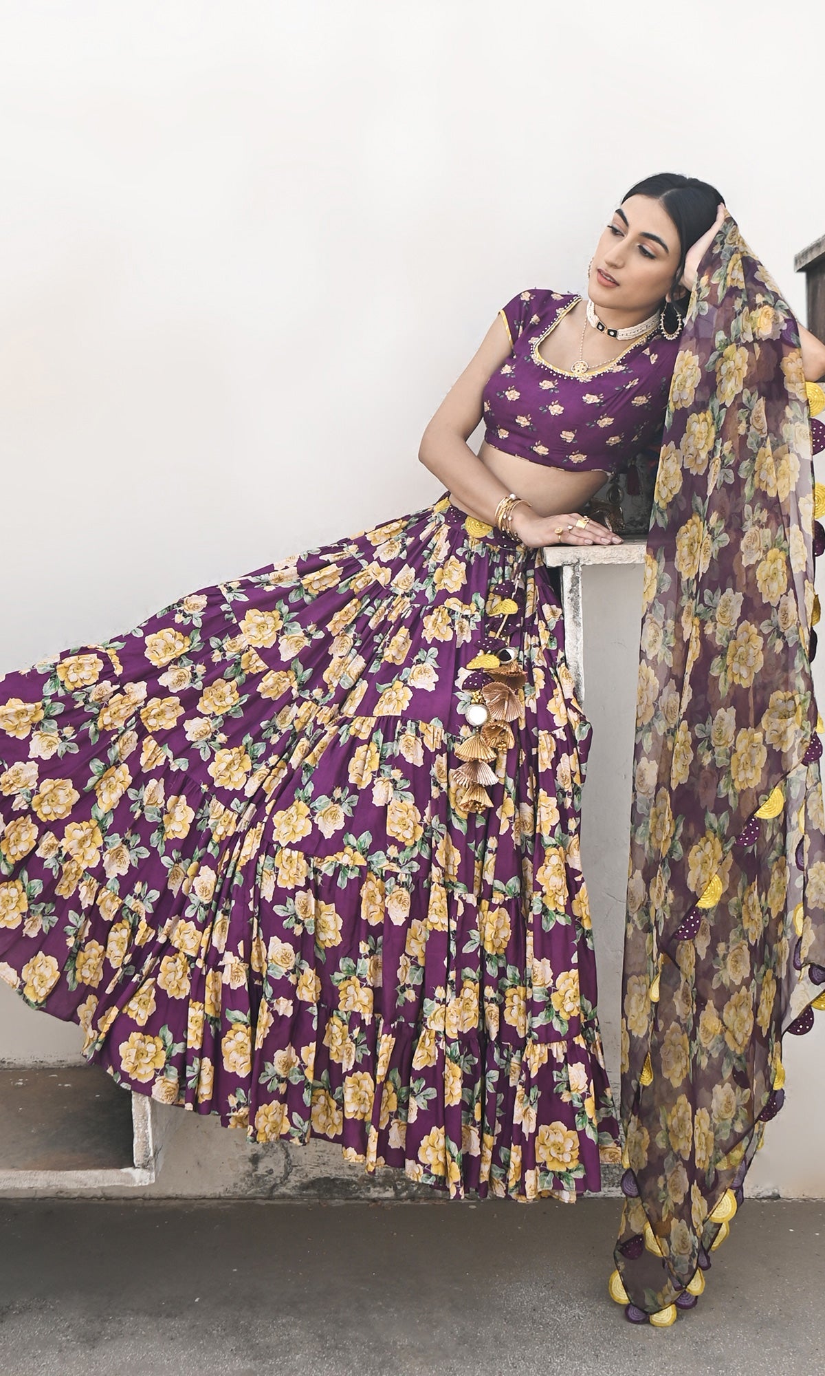 Falak Vol. 2 Purple Short Sleeve Blouse and Tiered Lehenga with Dupatta - Set of 3