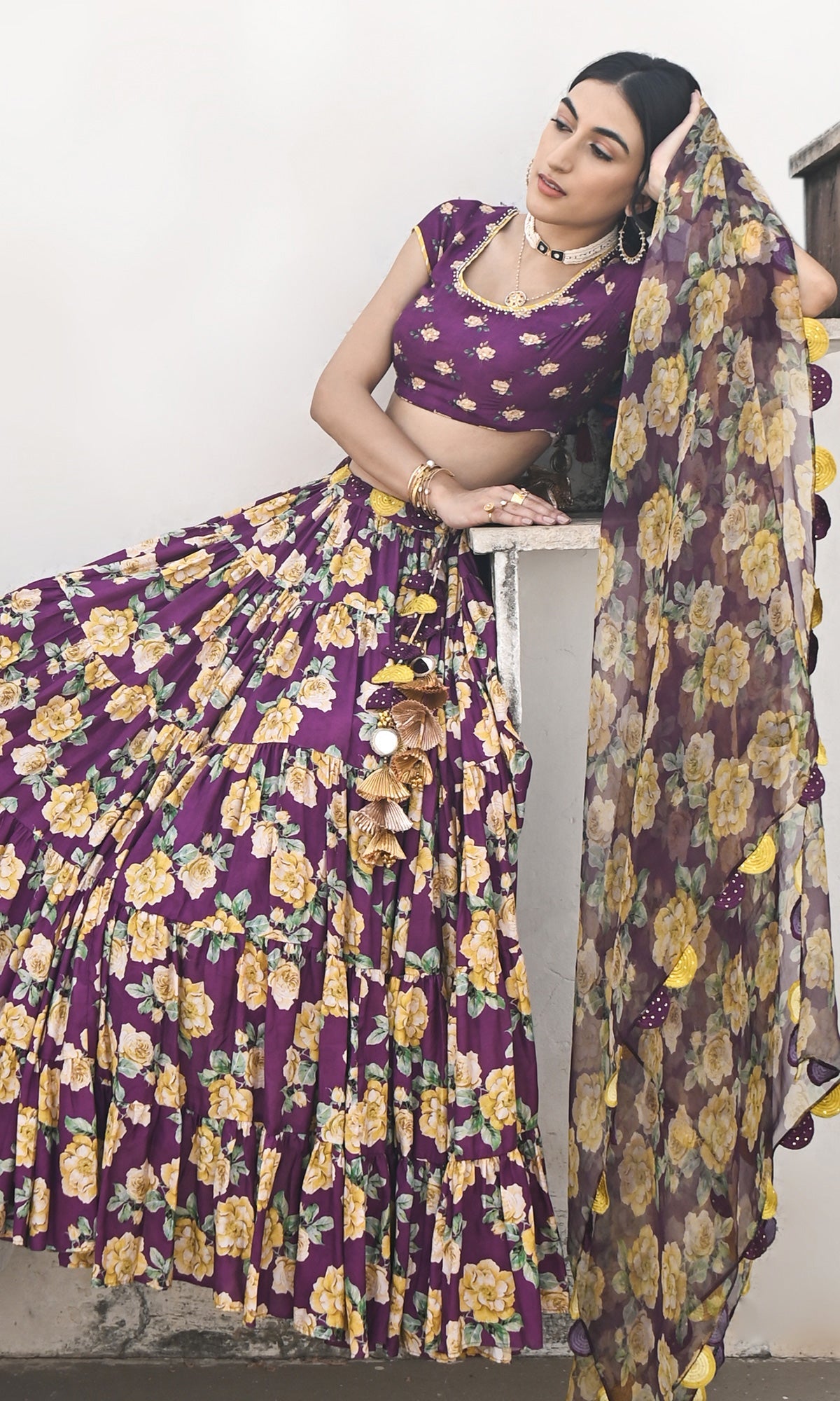 Falak Vol. 2 Purple Short Sleeve Blouse and Tiered Lehenga with Dupatta - Set of 3