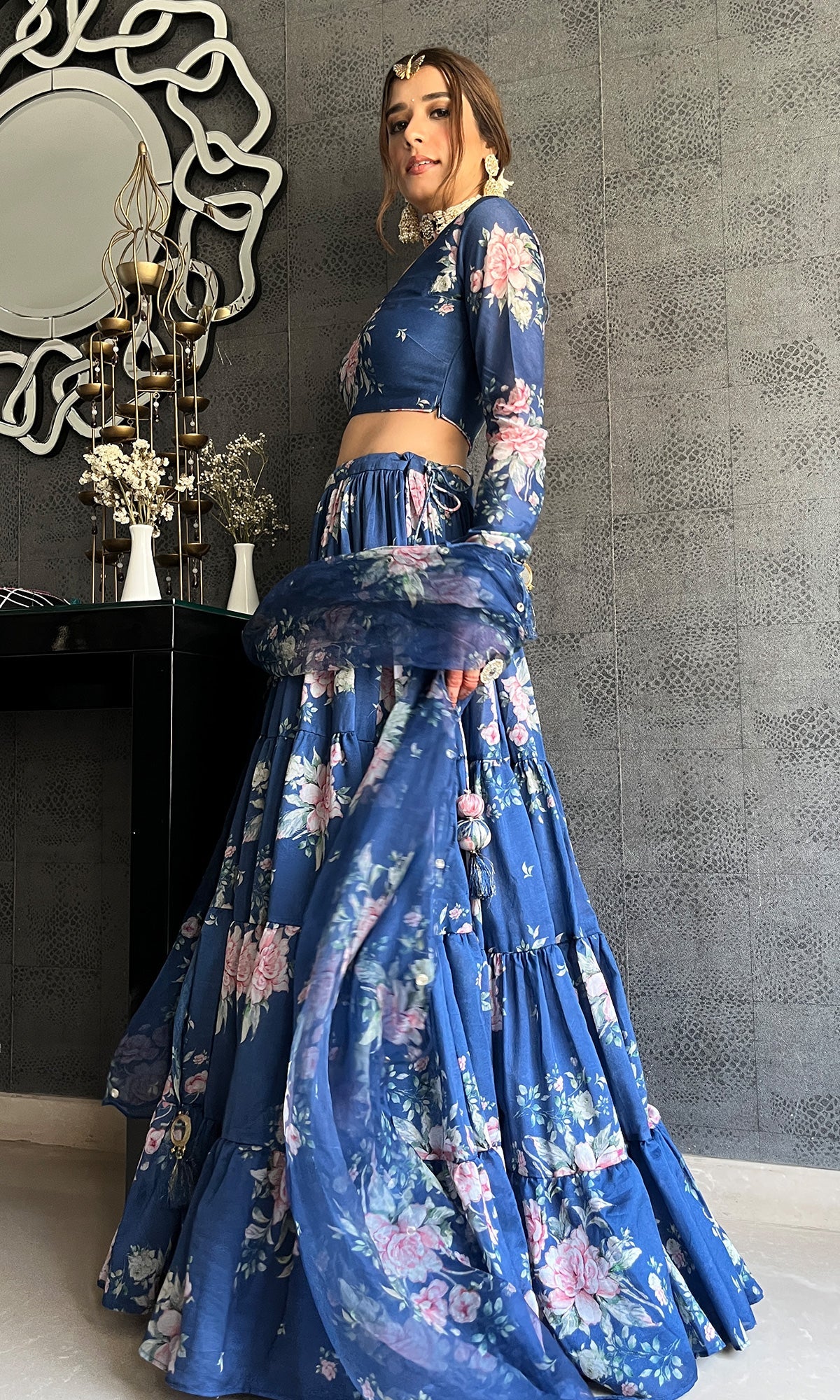Sukhmani Gambhir in Falak Blue Floral print Gathered Lehenga with floral blouse and Dupatta- Set of 3