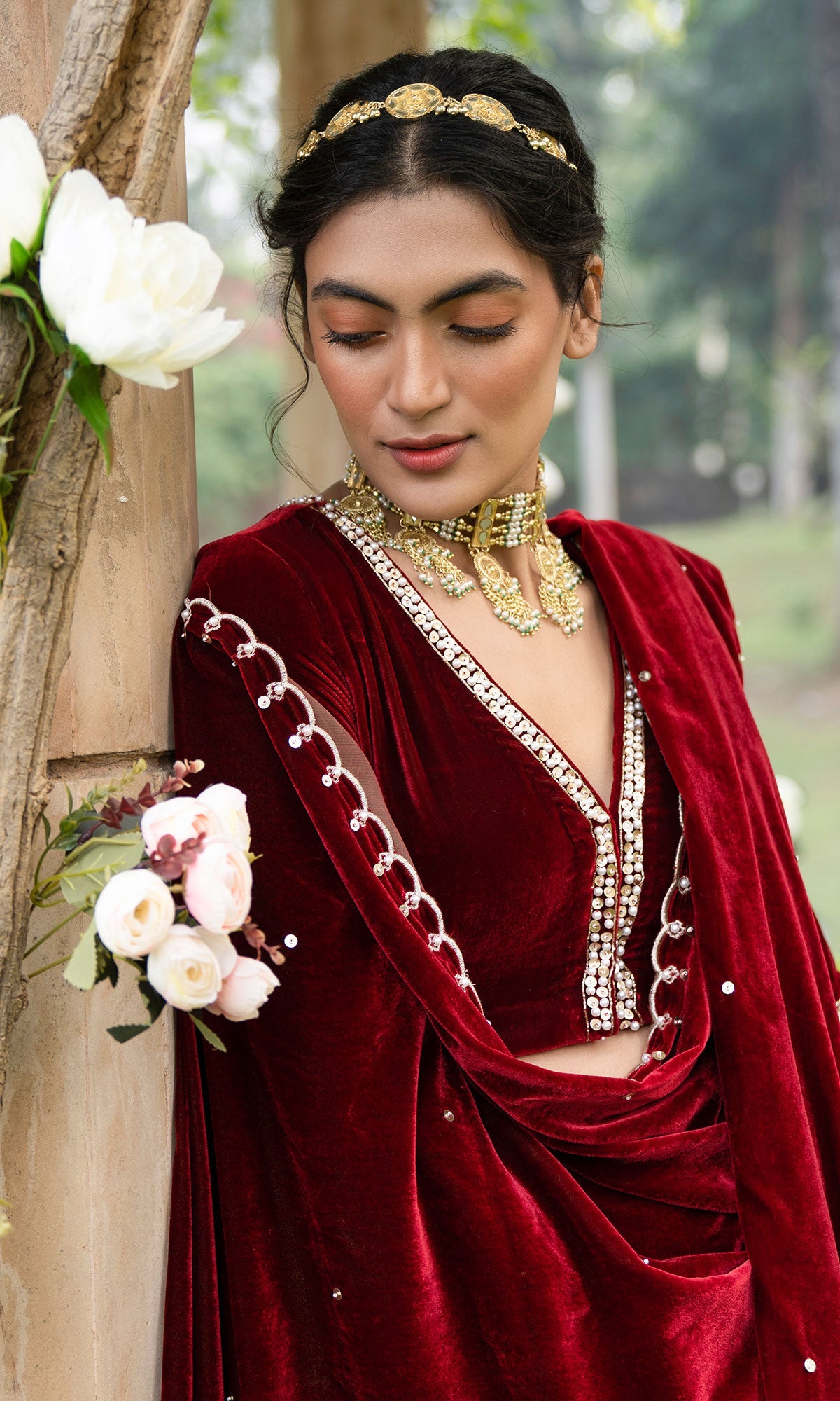Bareen Mughals Red Block Printed Lehenga With Velvet Embroidered Blouse & Shawl- Sets Of 3