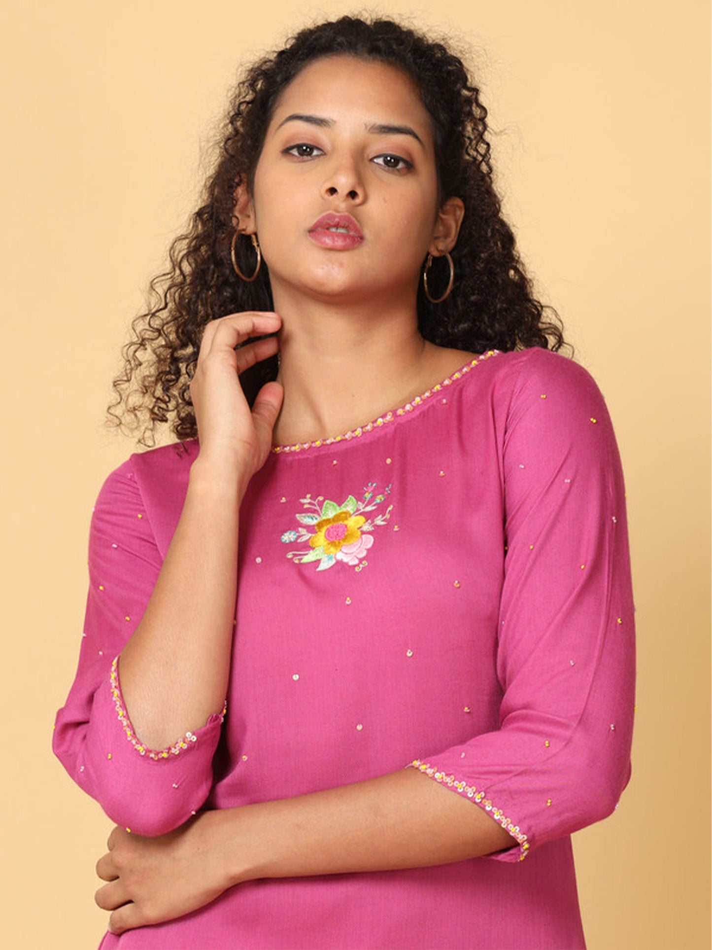 Pink 3/4th Sleeves Rayon Floral Embroidery Regular Calf Length Boat Neck Kurta Set -Without Dupatta