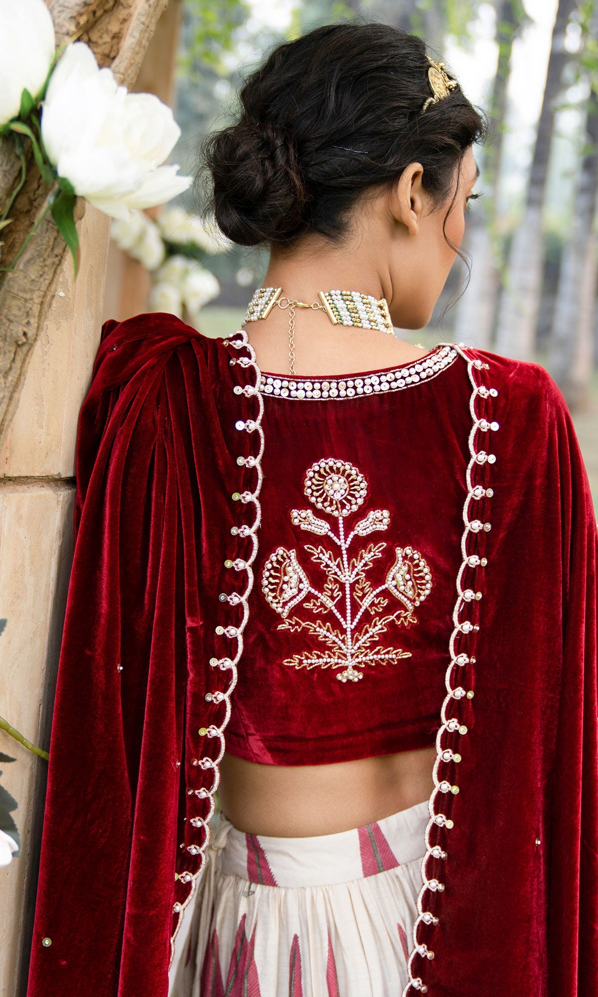 Bareen Mughals Red Block Printed Lehenga With Velvet Embroidered Blouse & Shawl- Sets Of 3
