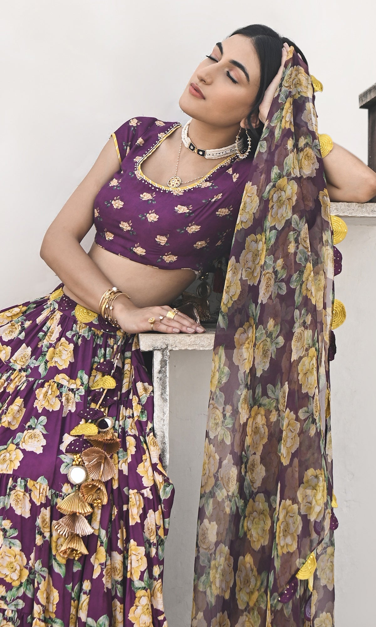 Falak Vol. 2 Purple Short Sleeve Blouse and Tiered Lehenga with Dupatta - Set of 3