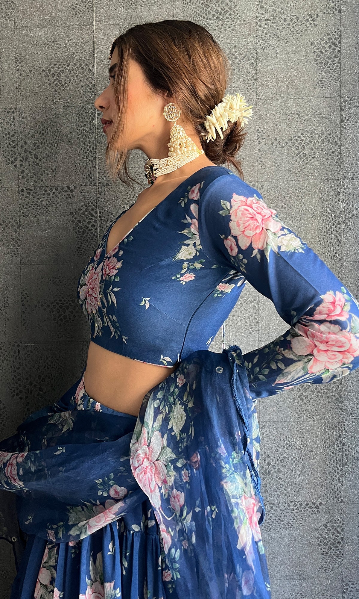 Sukhmani Gambhir in Falak Blue Floral print Gathered Lehenga with floral blouse and Dupatta- Set of 3