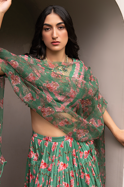 Falak Green Floral print Gathered Lehenga with stripe blouse and Dupatta- Set of 3