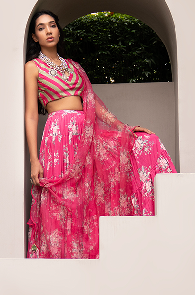 Amitha Sharma in Falak Rani Pink Floral print Gathered Lehenga with stripe blouse and Dupatta- Set of 3