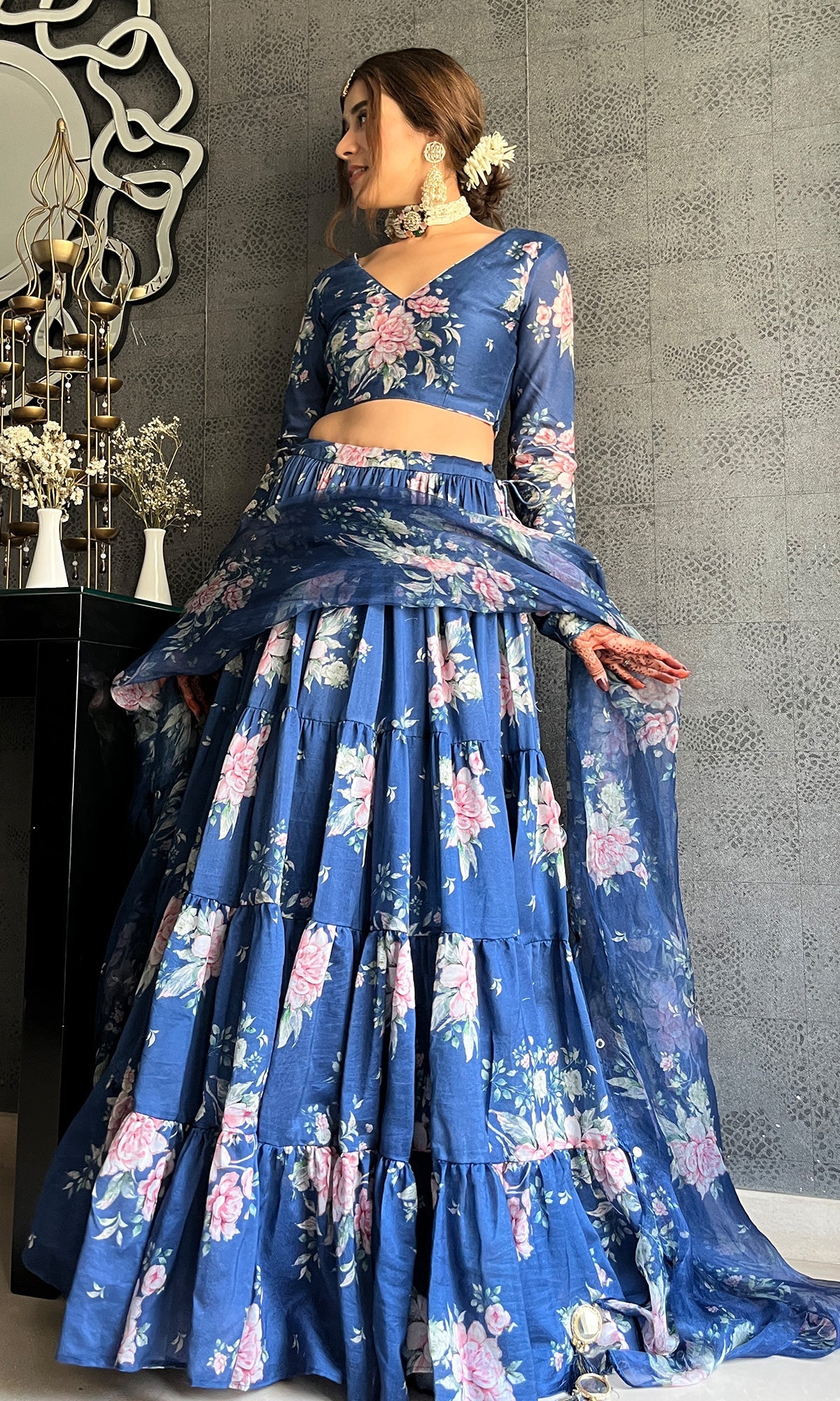 Sukhmani Gambhir in Falak Blue Floral print Gathered Lehenga with floral blouse and Dupatta- Set of 3