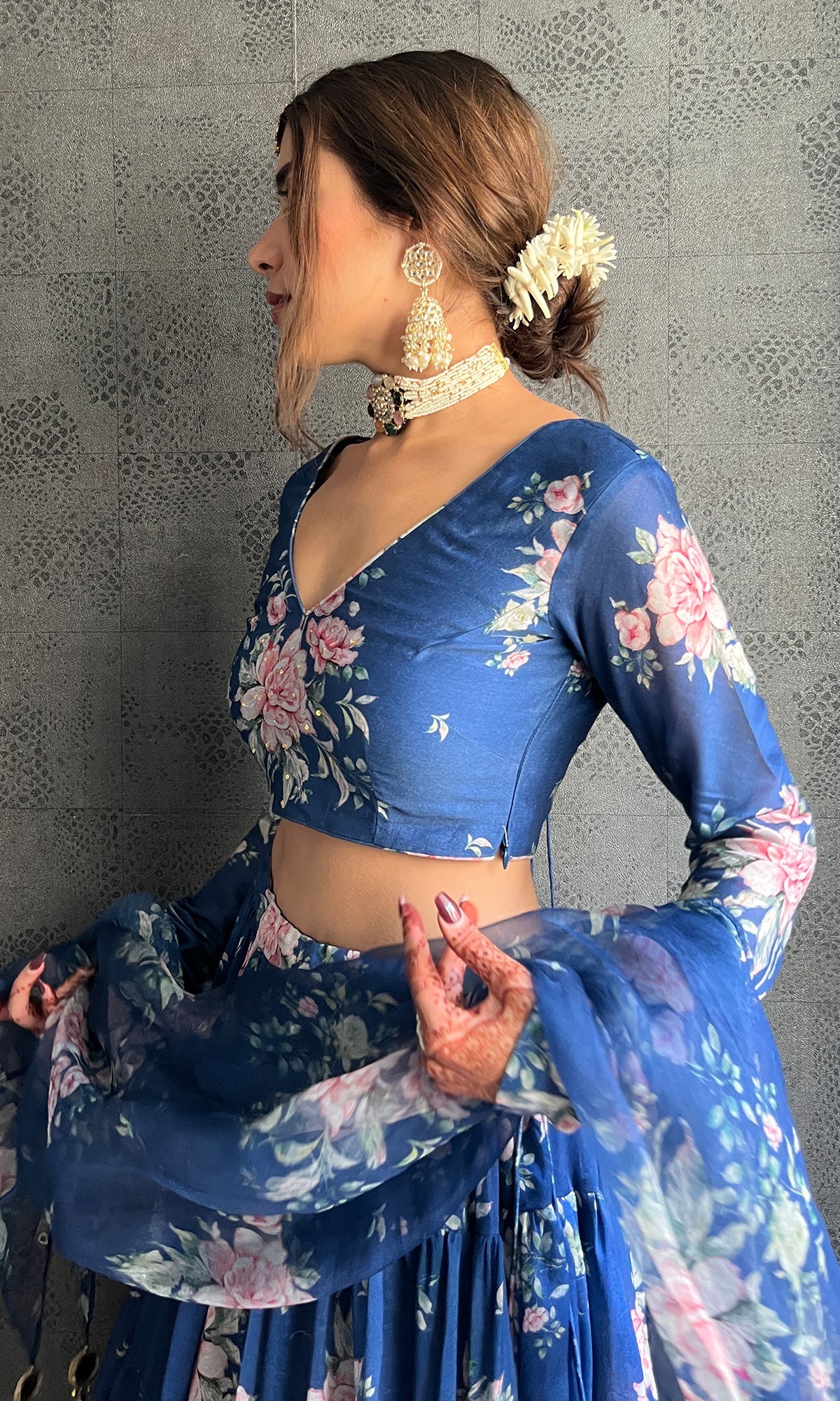 Sukhmani Gambhir in Falak Blue Floral print Gathered Lehenga with floral blouse and Dupatta- Set of 3