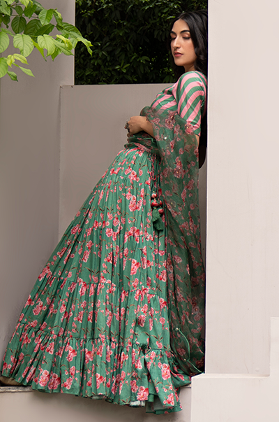 Falak Green Floral print Gathered Lehenga with stripe blouse and Dupatta- Set of 3