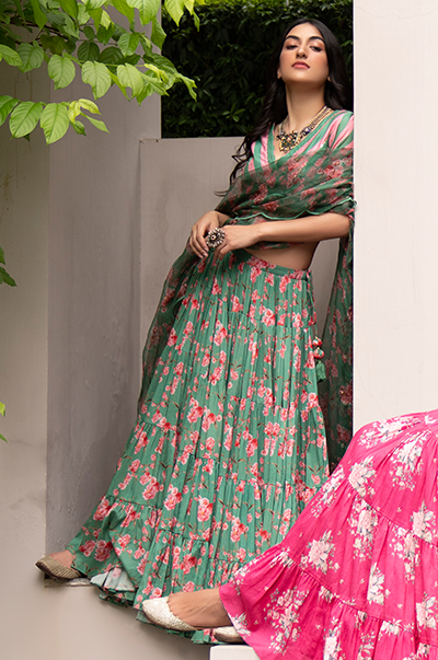 Falak Green Floral print Gathered Lehenga with stripe blouse and Dupatta- Set of 3