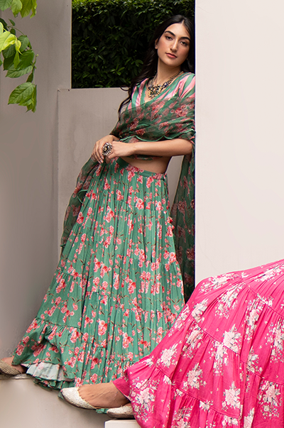 Falak Green Floral print Gathered Lehenga with stripe blouse and Dupatta- Set of 3