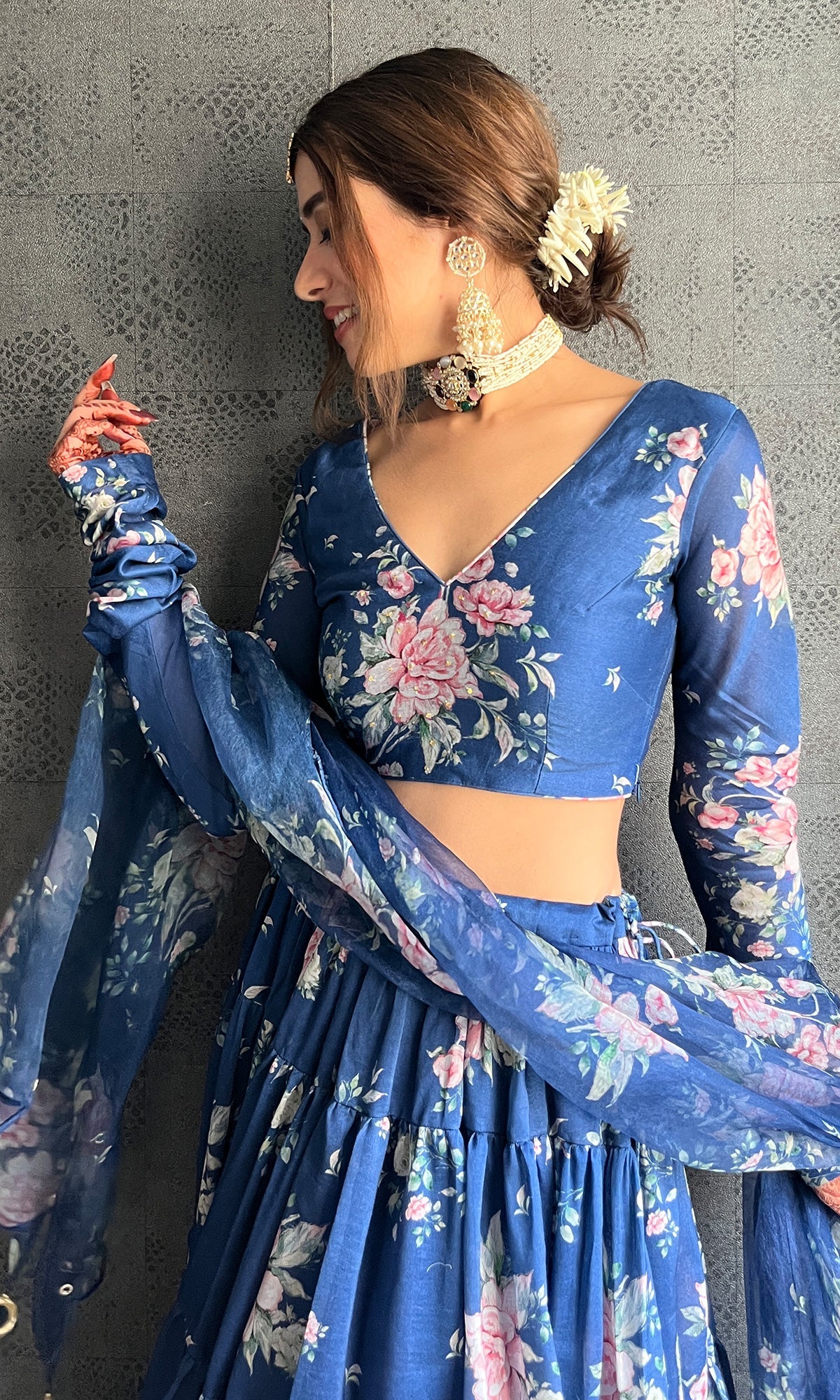 Sukhmani Gambhir in Falak Blue Floral print Gathered Lehenga with floral blouse and Dupatta- Set of 3