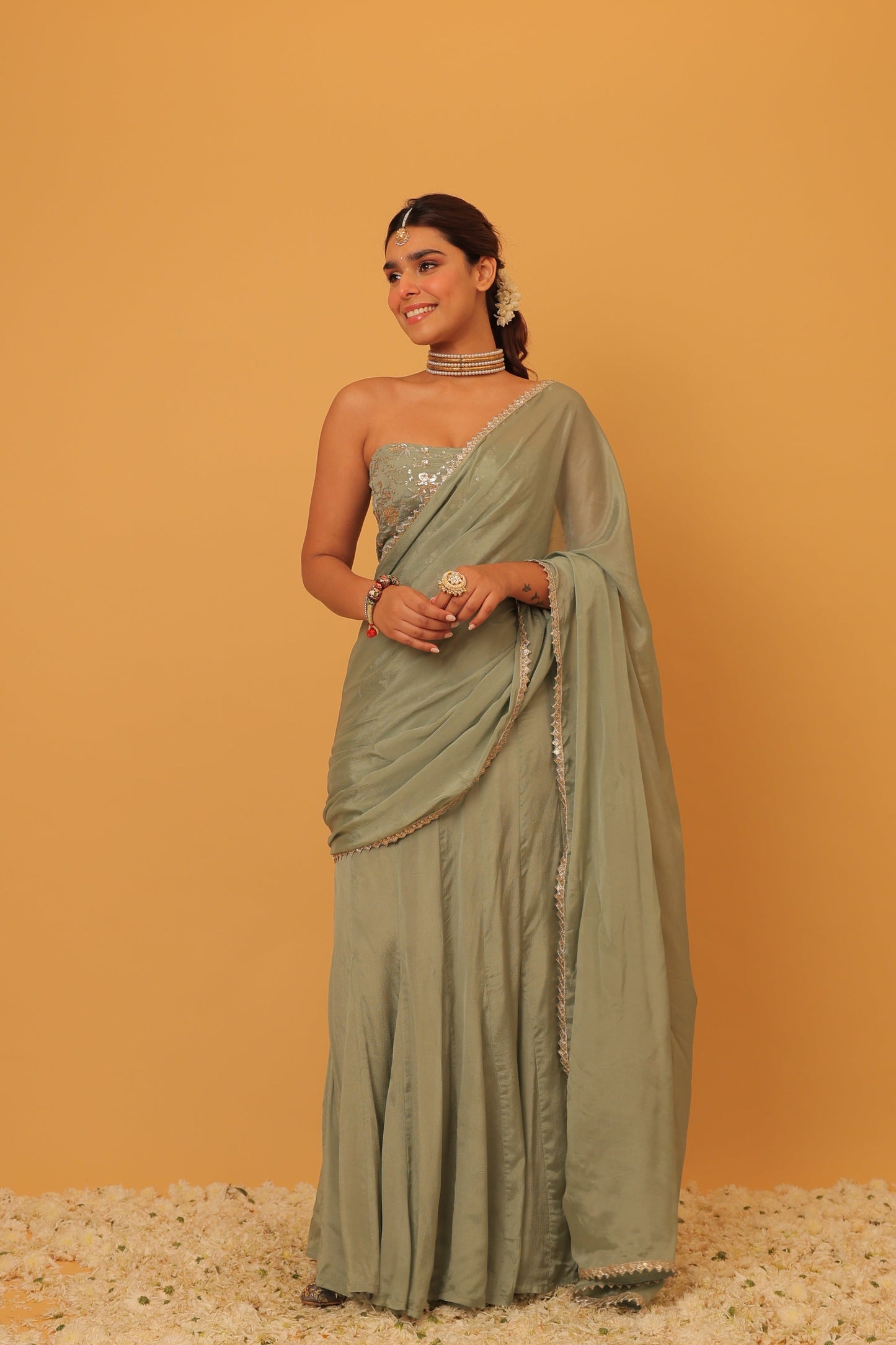 Nazaakat Mehfil Smoke Green Godet Sari set