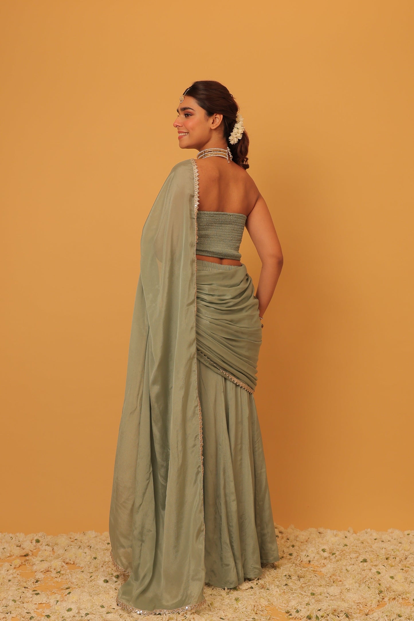 Nazaakat Mehfil Smoke Green Godet Sari set