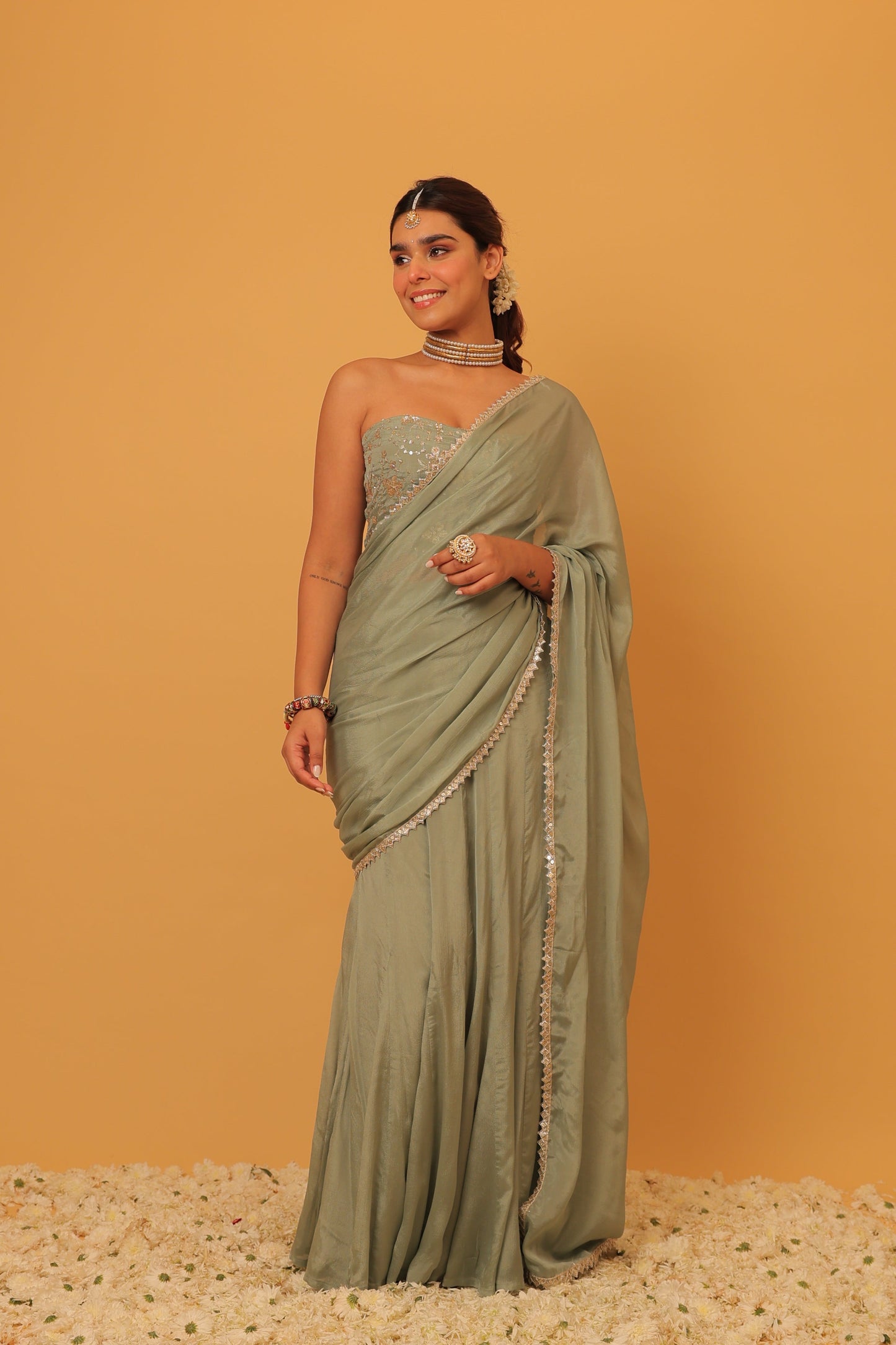 Nazaakat Mehfil Smoke Green Godet Sari set