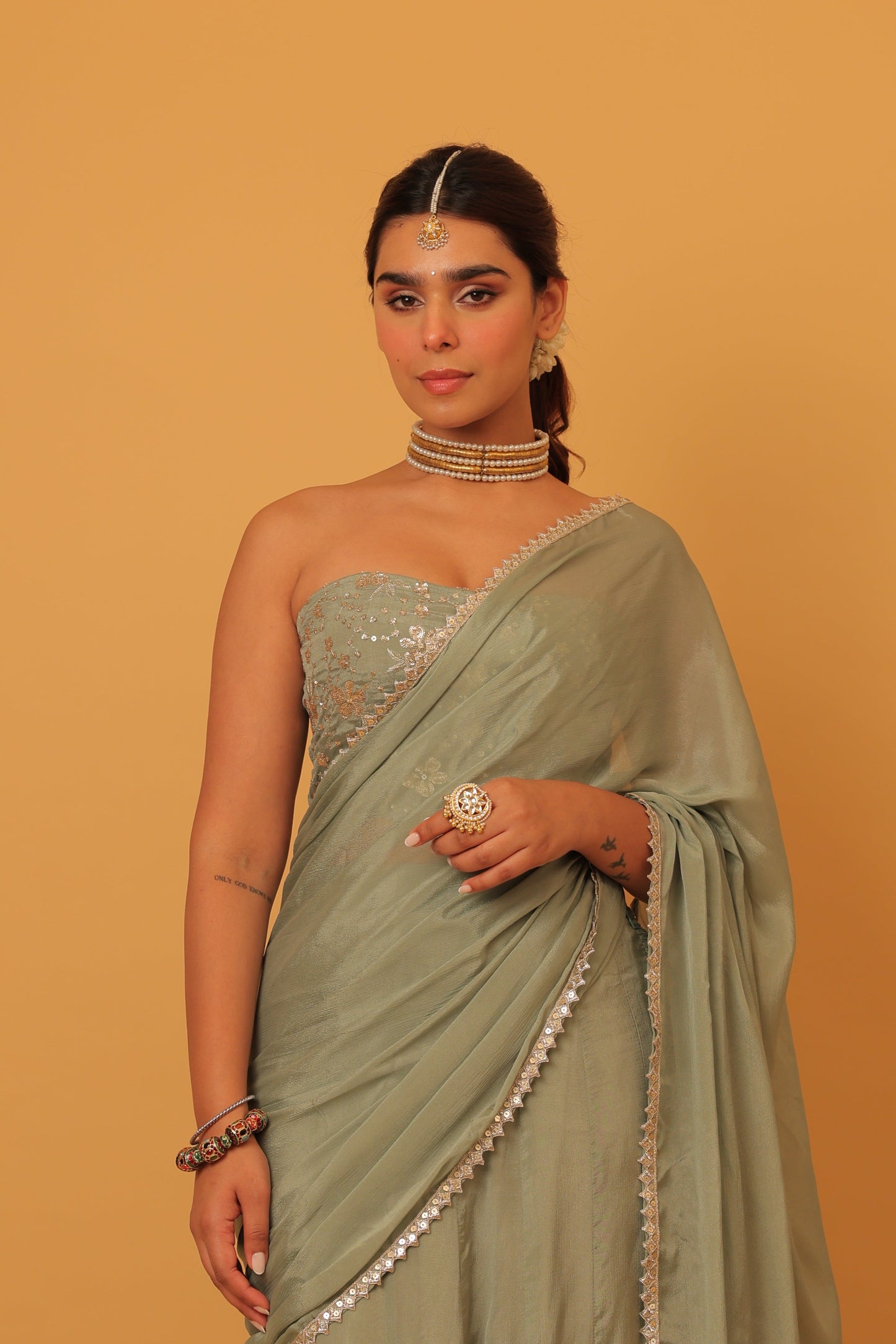 Nazaakat Mehfil Smoke Green Godet Sari set