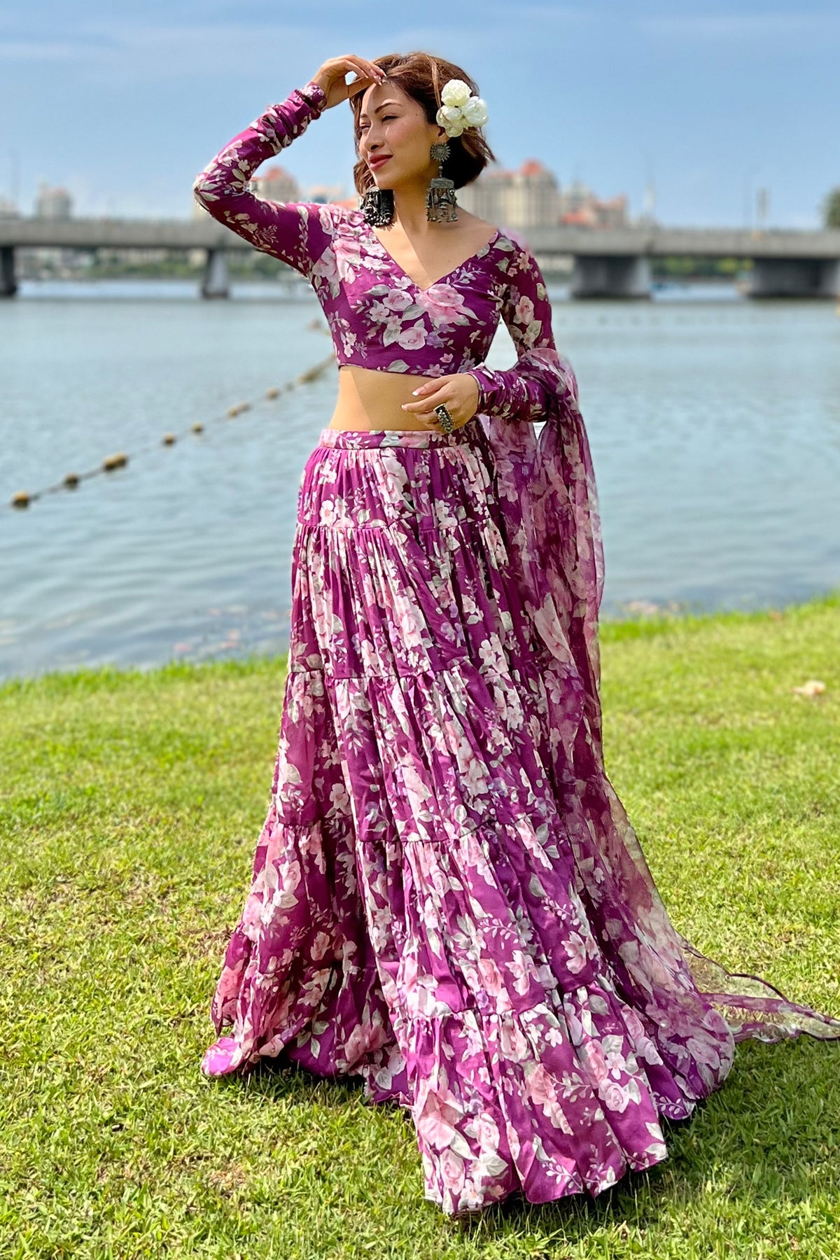 Isha Borah in Falak Purple Floral print Gathered Lehenga with floral blouse and Dupatta- Set of 3