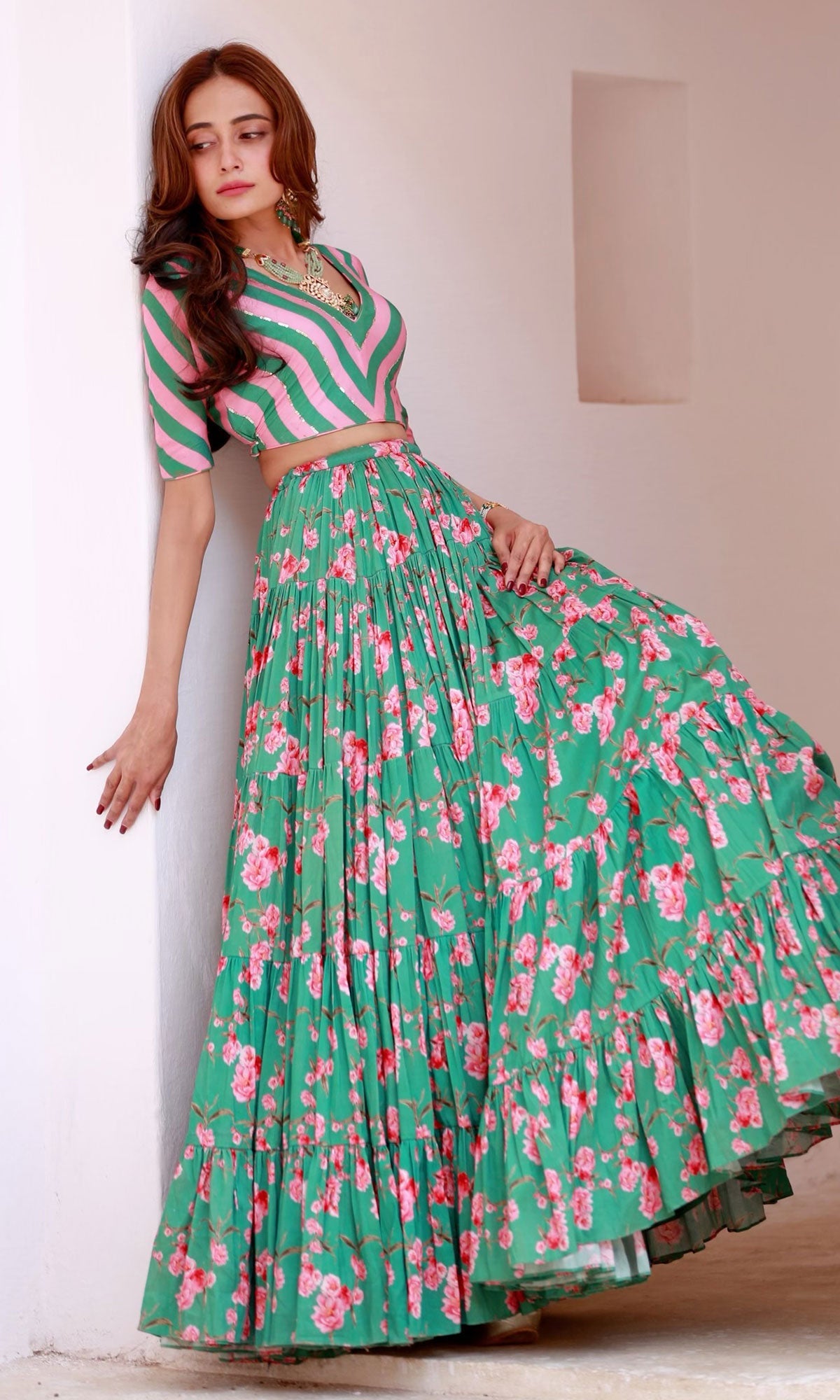 Tina Rathore in Falak Green Floral print Gathered Lehenga with stripe blouse and Dupatta- Set of 3