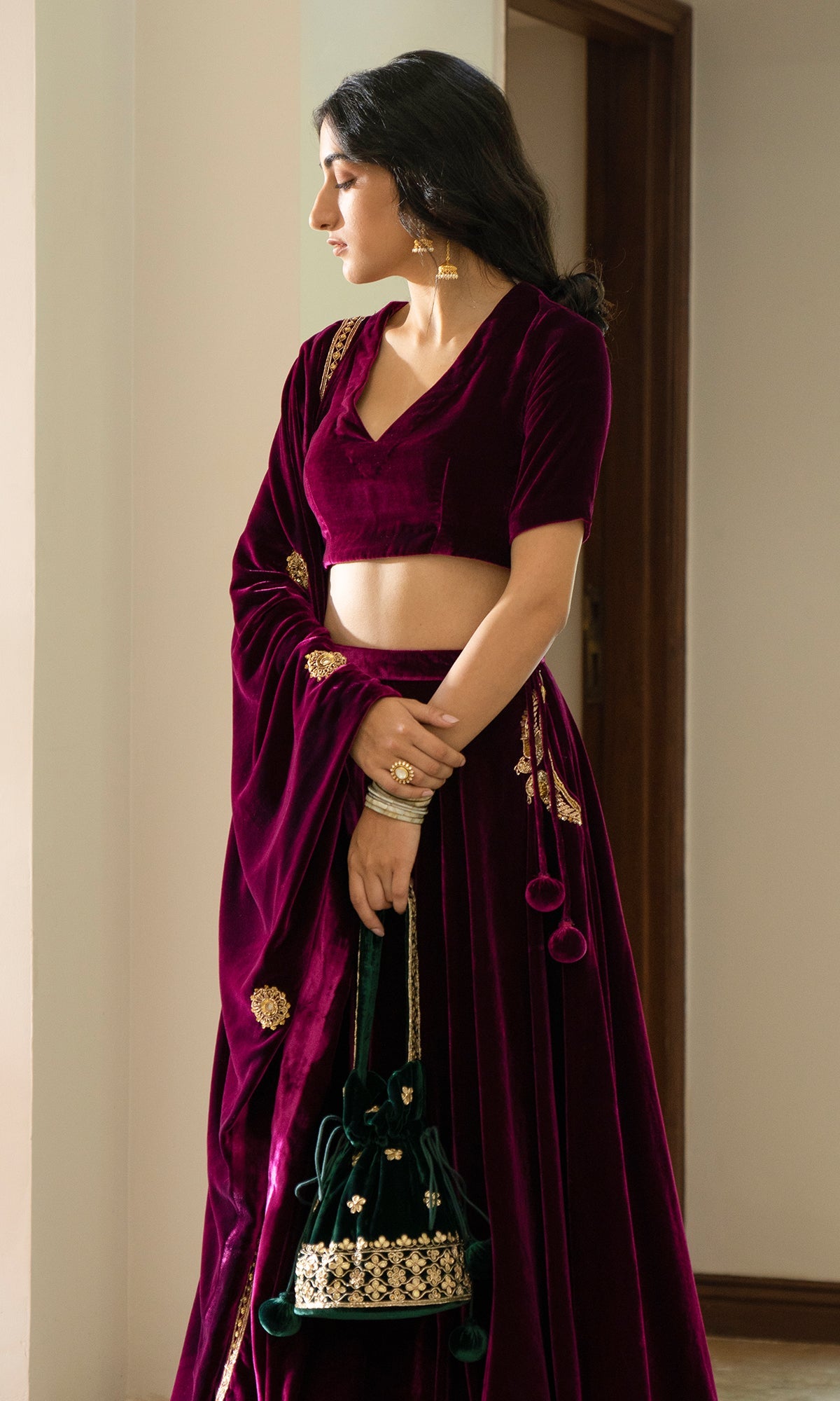 Bareen Embroidered - Deep Orchid velvet Lehenga With Blouse - Set of 2