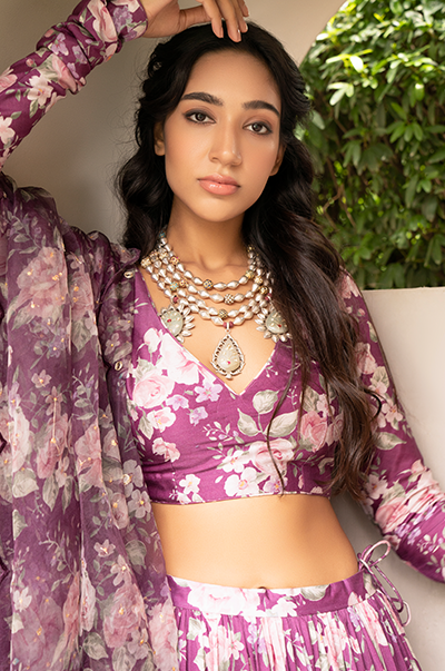 Aamna Sharif in Falak Purple Floral print Gathered Lehenga with floral blouse and Dupatta- Set of 3