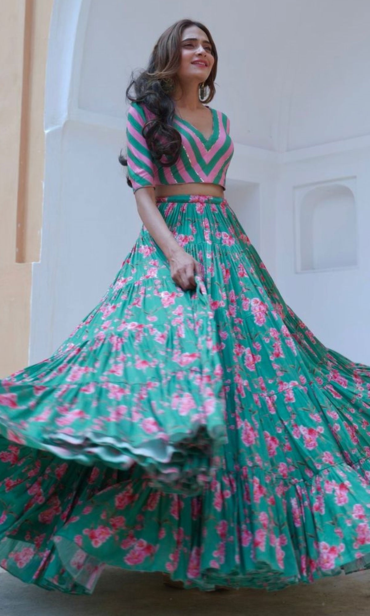 Tina Rathore in Falak Green Floral print Gathered Lehenga with stripe blouse and Dupatta- Set of 3
