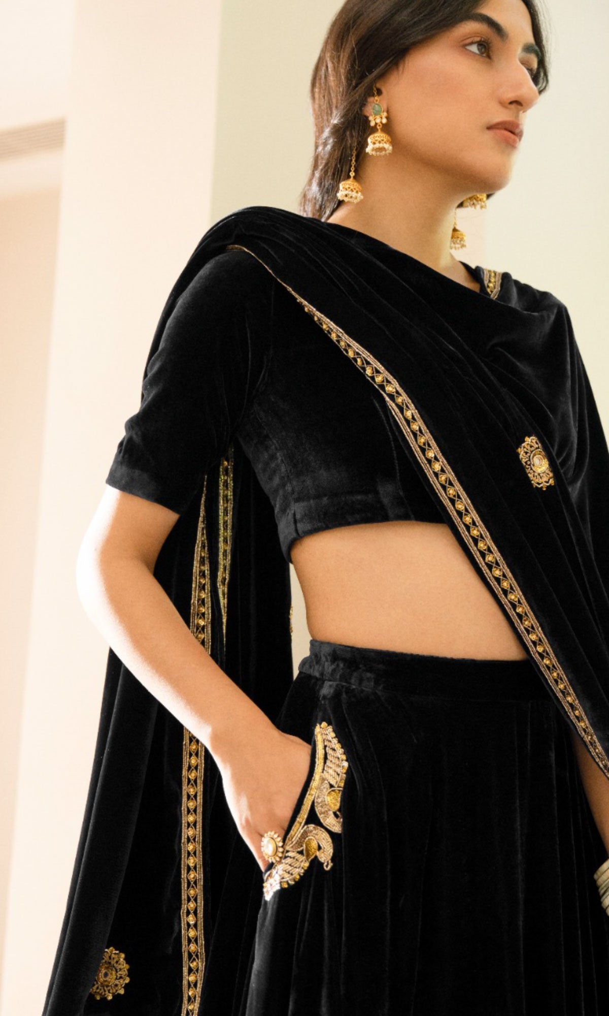 Bareen Embroidered - Royal Black velvet Lehanga With Blouse - Set of 2