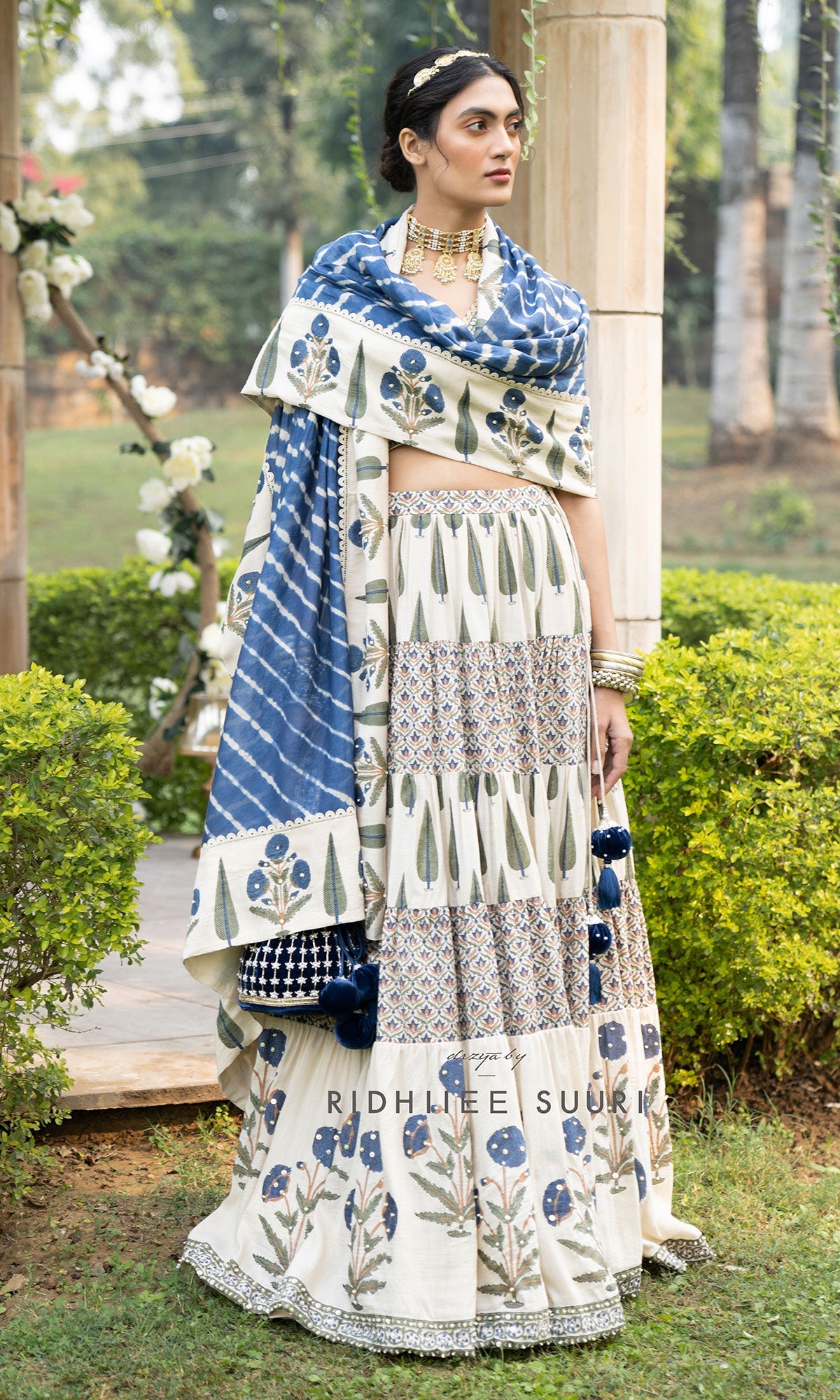 Bareen Mughals Royal Blue Block Printed Lehenga Set - Set Of 3
