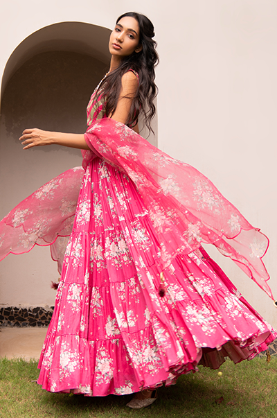 Amitha Sharma in Falak Rani Pink Floral print Gathered Lehenga with stripe blouse and Dupatta- Set of 3