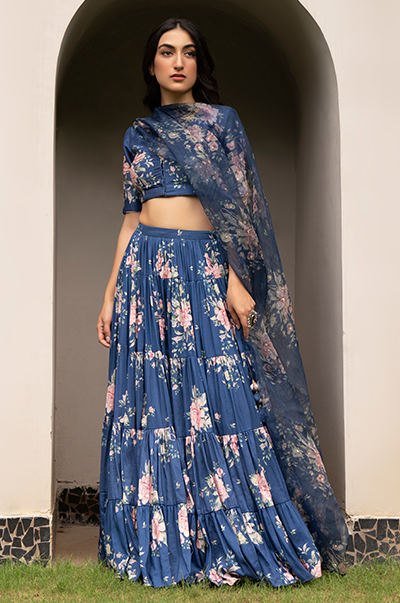 Falak Blue Floral print Gathered Lehenga with floral blouse and Dupatta- Set of 3