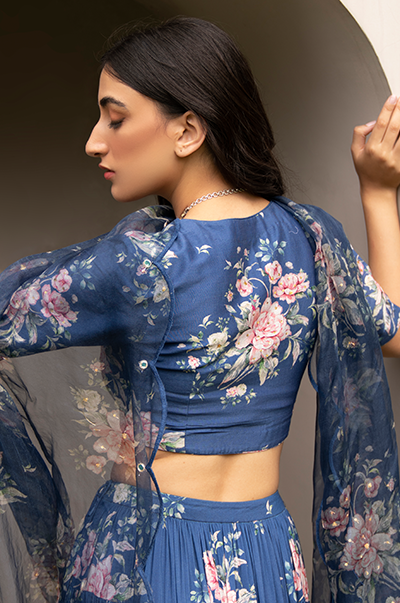 Falak Blue Floral print Gathered Lehenga with floral blouse and Dupatta- Set of 3