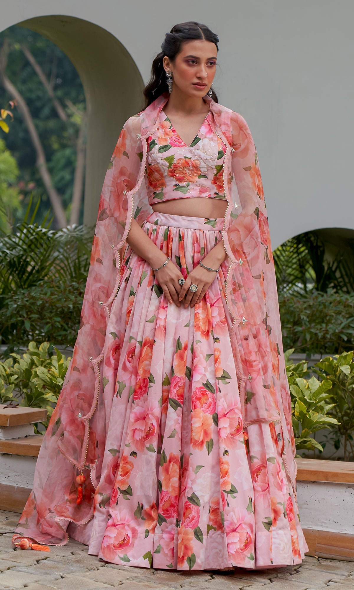AZRA PINK FLORAL PRINTED FLORAL LEHENGA WITH FLORAL PRINTED BLOUSE AND DUPATTA - SET OF 3