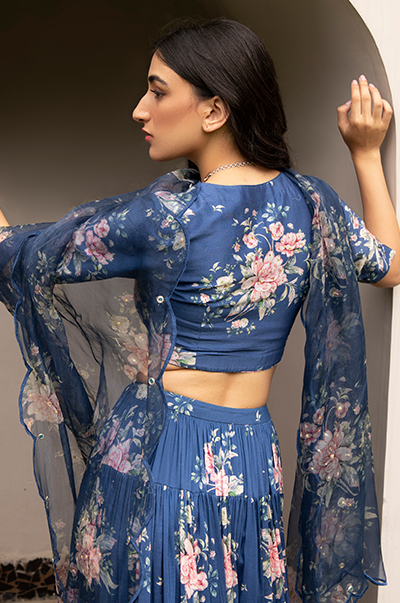 Falak Blue Floral print Gathered Lehenga with floral blouse and Dupatta- Set of 3