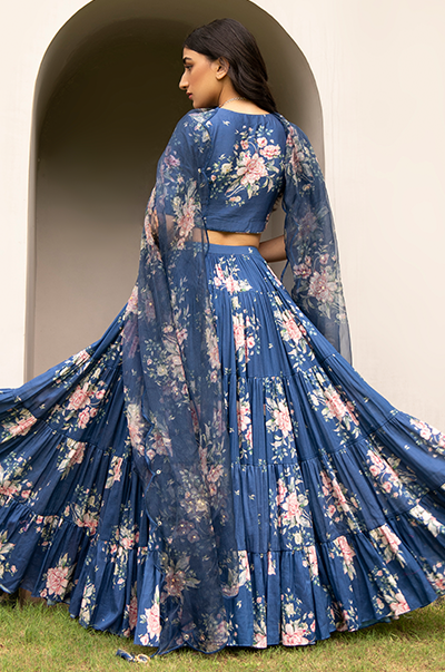 Falak Blue Floral print Gathered Lehenga with floral blouse and Dupatta- Set of 3
